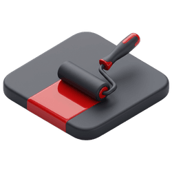 A glossy 3D isometric paint roller icon by PD Rendering representing bespoke aesthetics for silicone render systems and finishes.