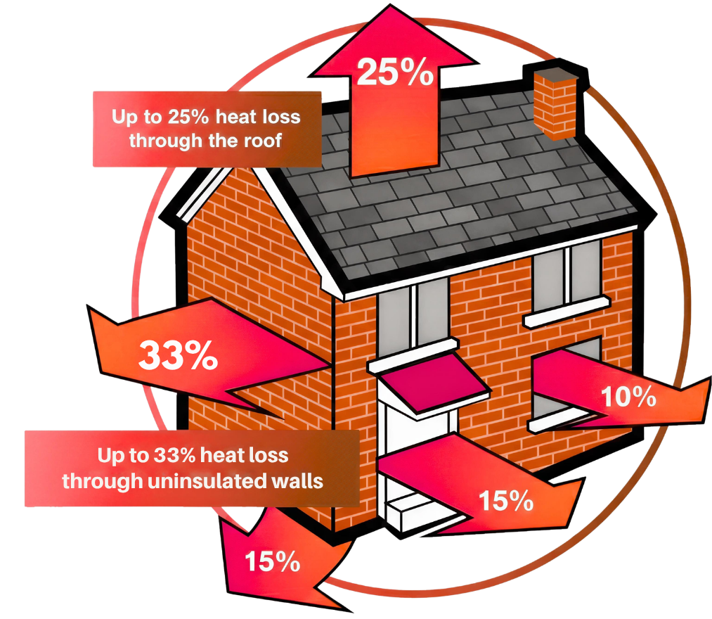 House Heat Loss Diagram - PD Rendering Diagram showing heat loss percentages in a typical UK house, highlighting up to 33% heat loss through uninsulated solid walls.