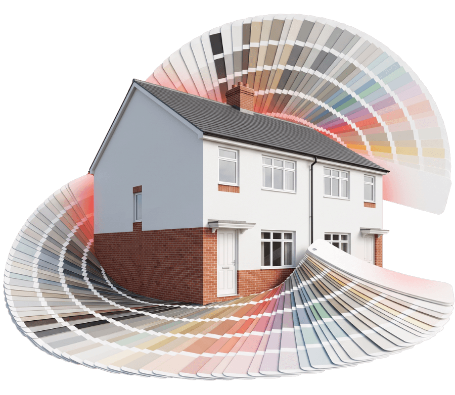 A traditional UK semi-detached house with a modern white silicone render and exposed brick base, surrounded by a large fan of architectural colour swatches. PD Rendering offers over 300 exterior render colours.